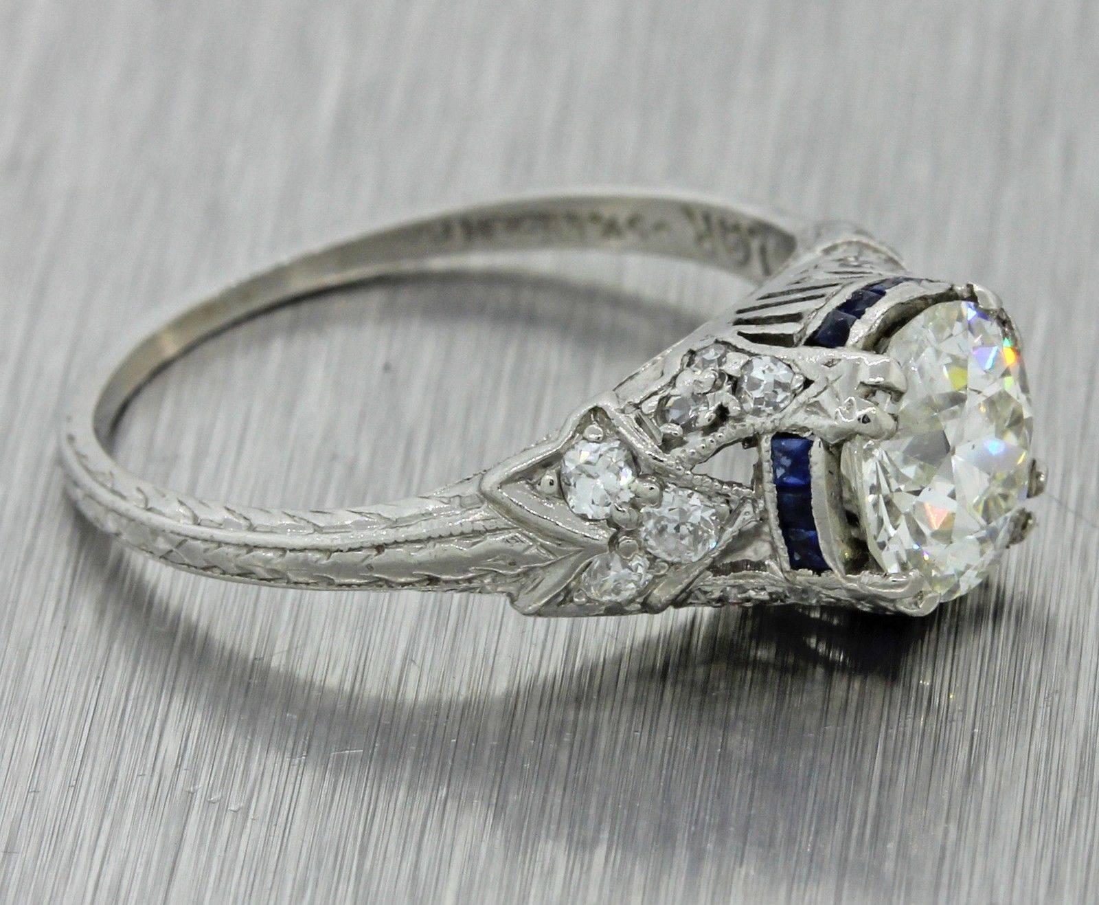 1920s Art Deco 1.46 Carat Diamond Sapphire Platinum Engagement Ring EGL In Excellent Condition For Sale In Huntington, NY
