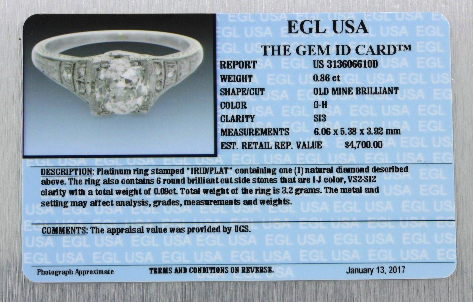 Women's 1940s Art Deco .95 Carat Old Mine Cut Diamond Platinum Engagement Ring EGL For Sale