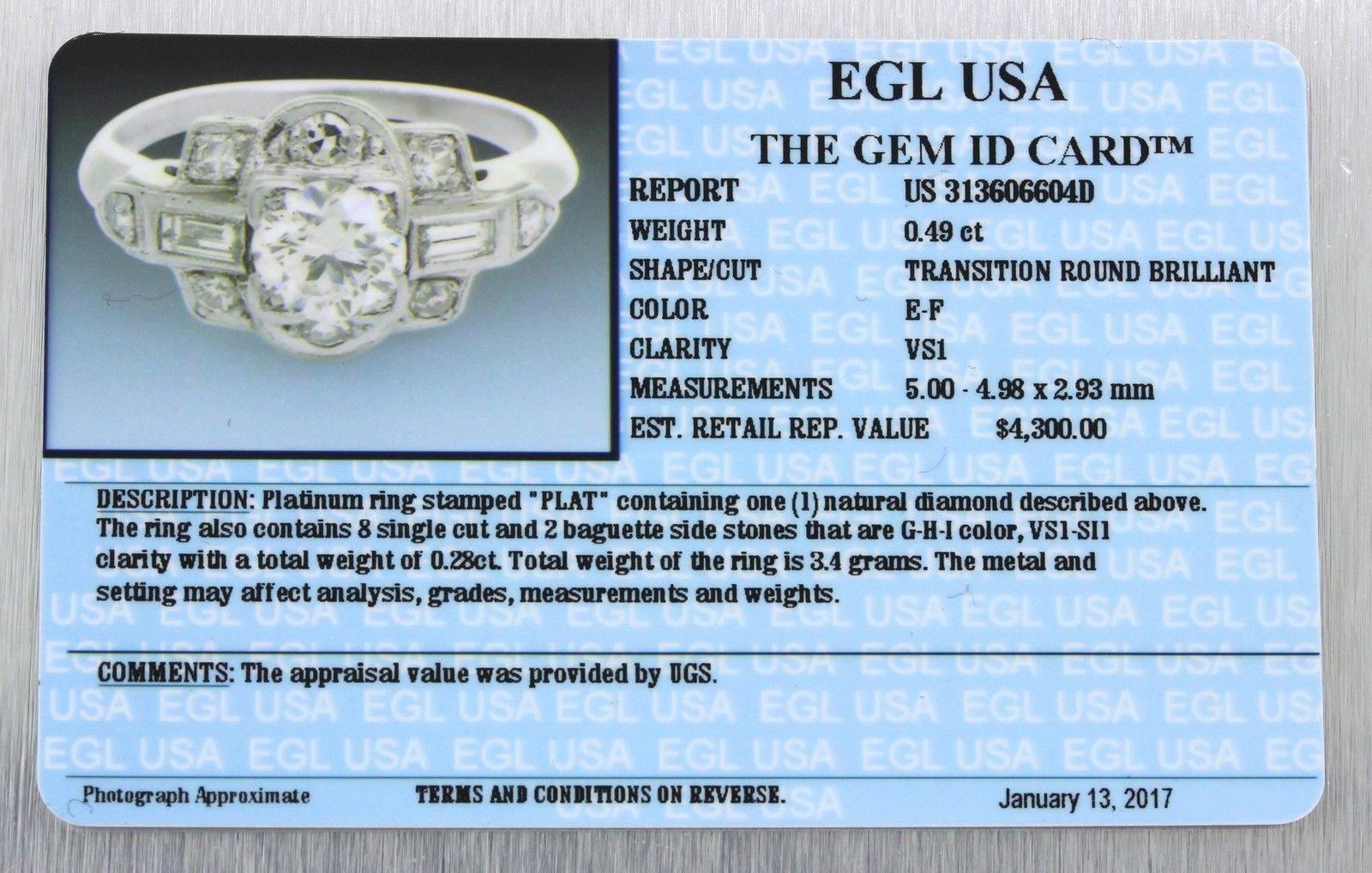 Women's 1930s Art Deco .67 Carat Diamond Solid Platinum Engagement Ring EGL For Sale