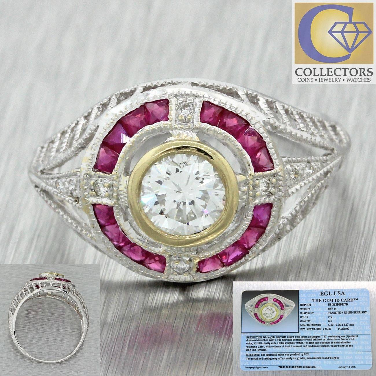 1930s Art Deco 1.05 Carat Diamond Ruby Solid Gold Engagement Ring EGL For Sale 2
