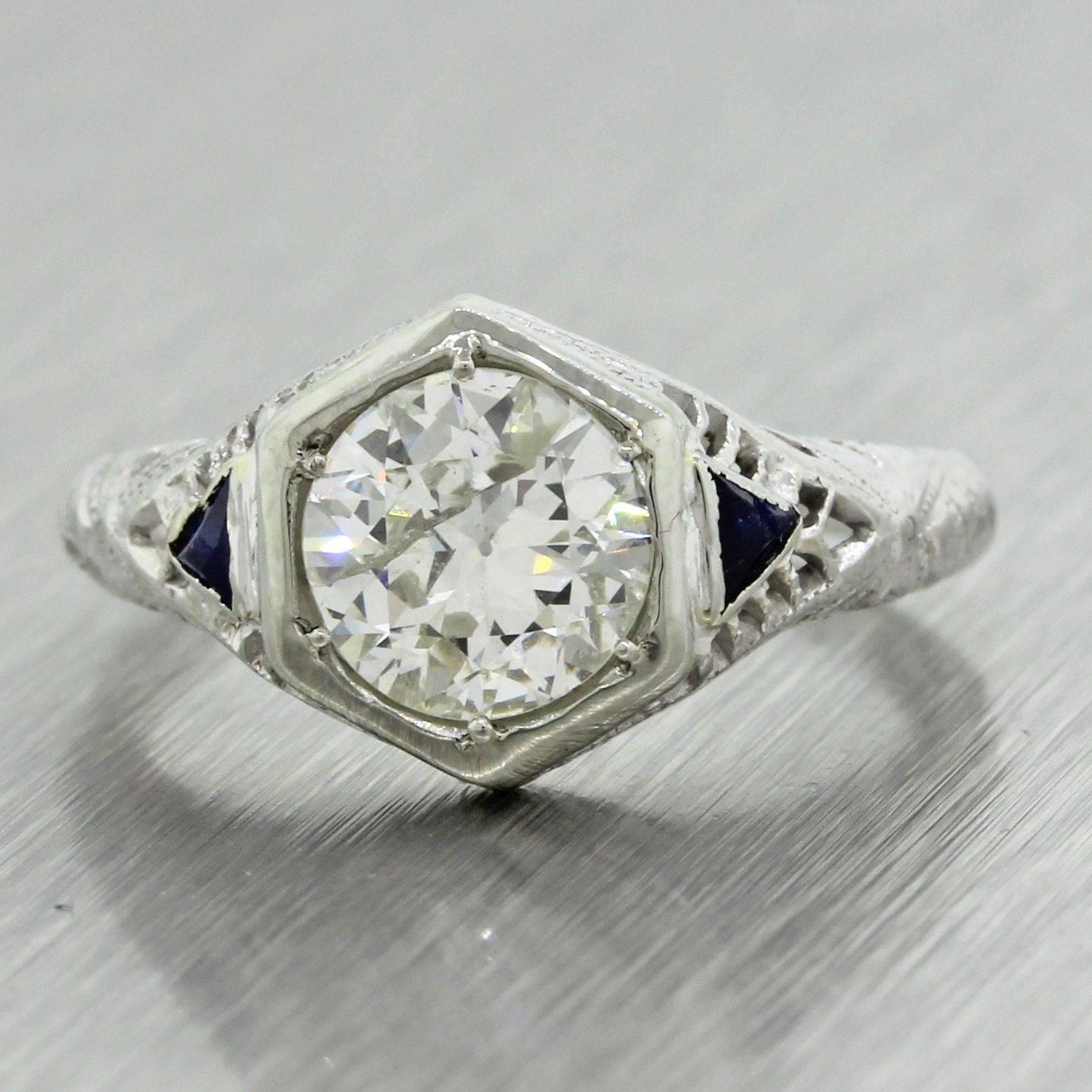 1920s Art Deco 1.14 Carat Diamond Sapphire Gold Engagement EGL Ring In Excellent Condition For Sale In Huntington, NY