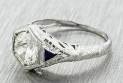 1920s Art Deco 1.14 Carat Diamond Sapphire Gold Engagement EGL Ring