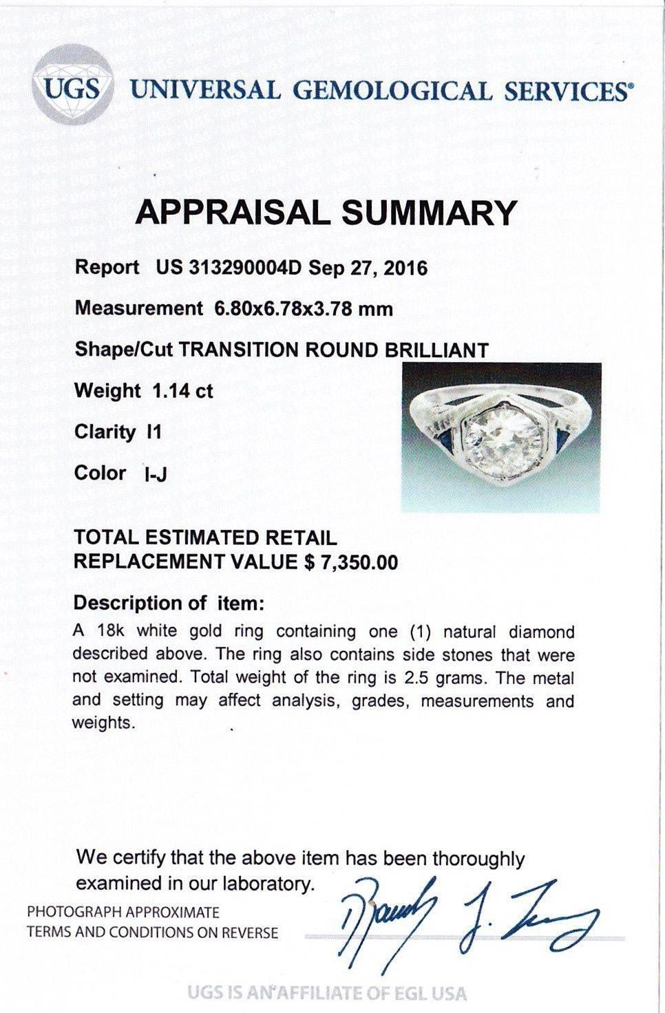 1920s Art Deco 1.14 Carat Diamond Sapphire Gold Engagement EGL Ring For Sale 2