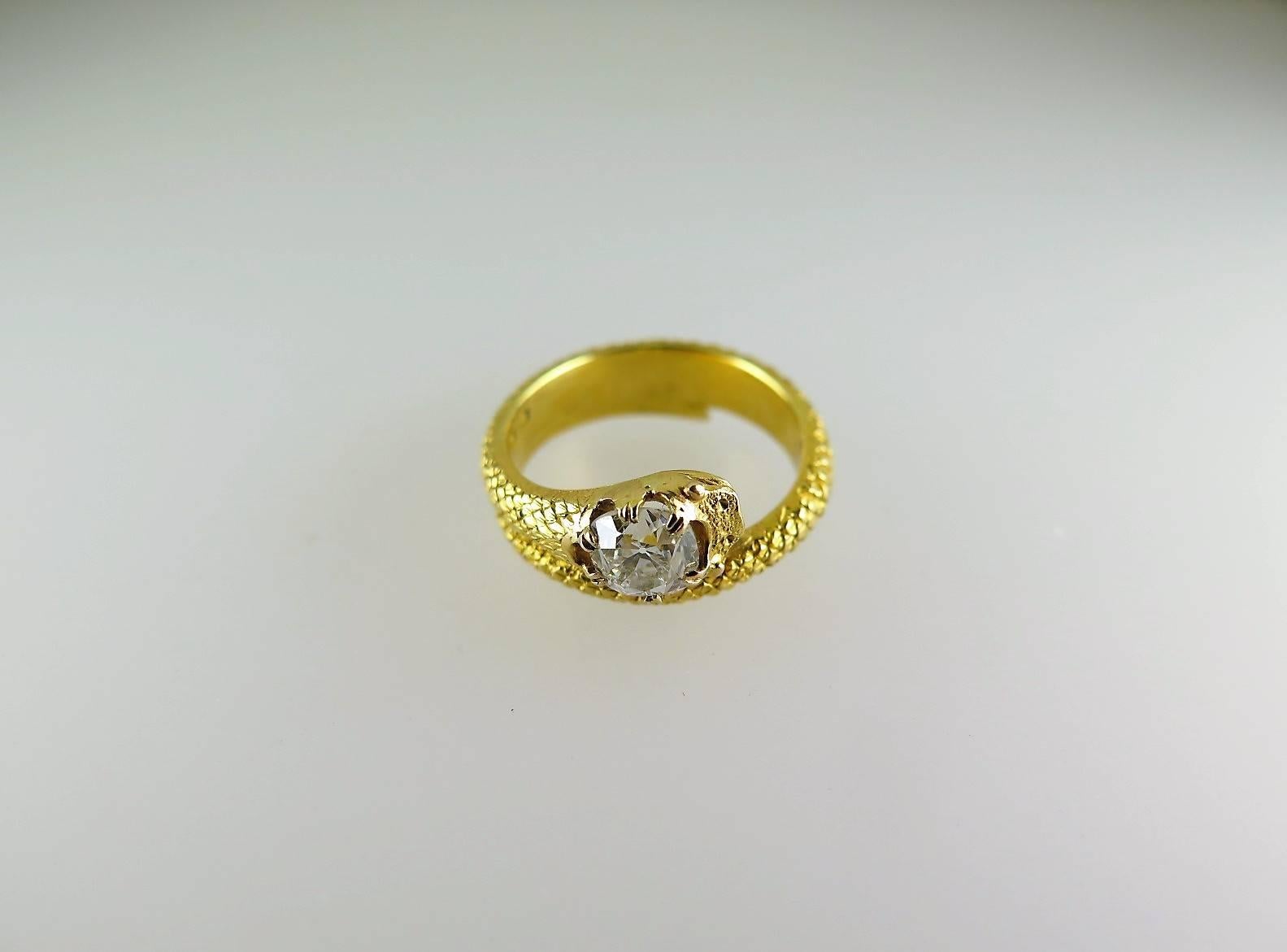 Art Nouveau Antique Gold and Cushion-Shaped Diamond Snake Ring For Sale