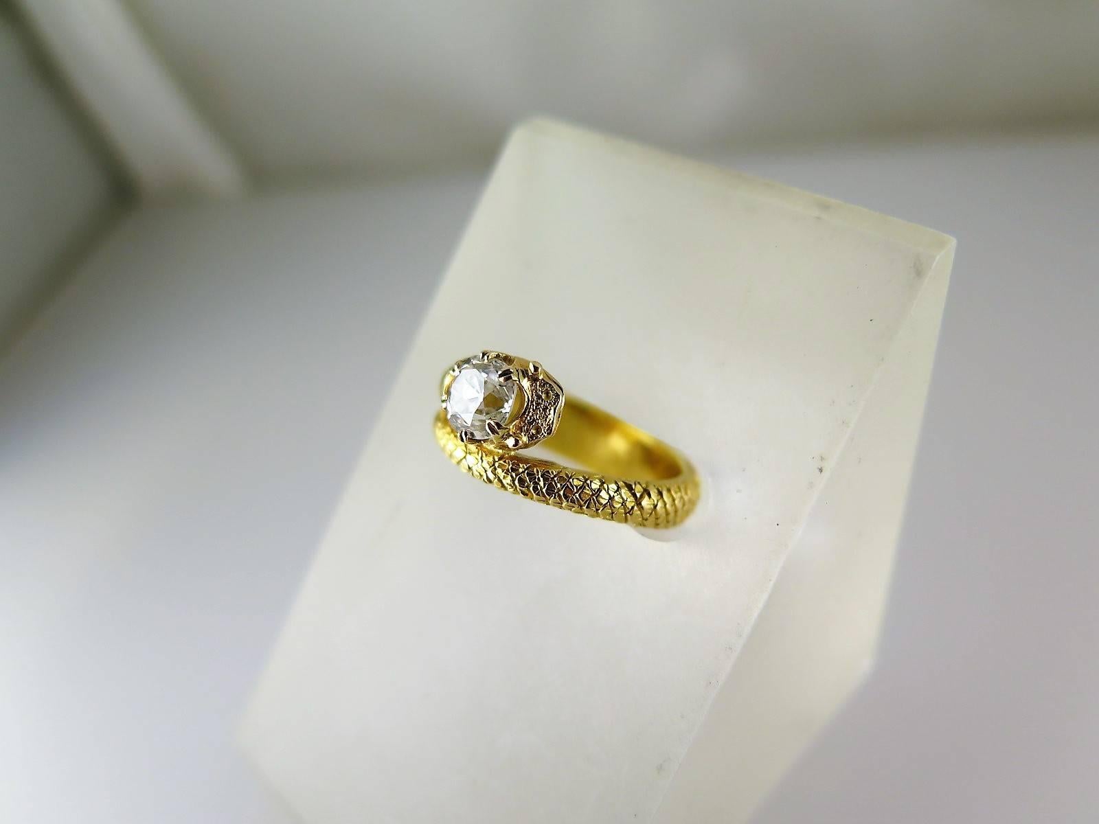 Antique Gold and Cushion-Shaped Diamond Snake Ring For Sale 2