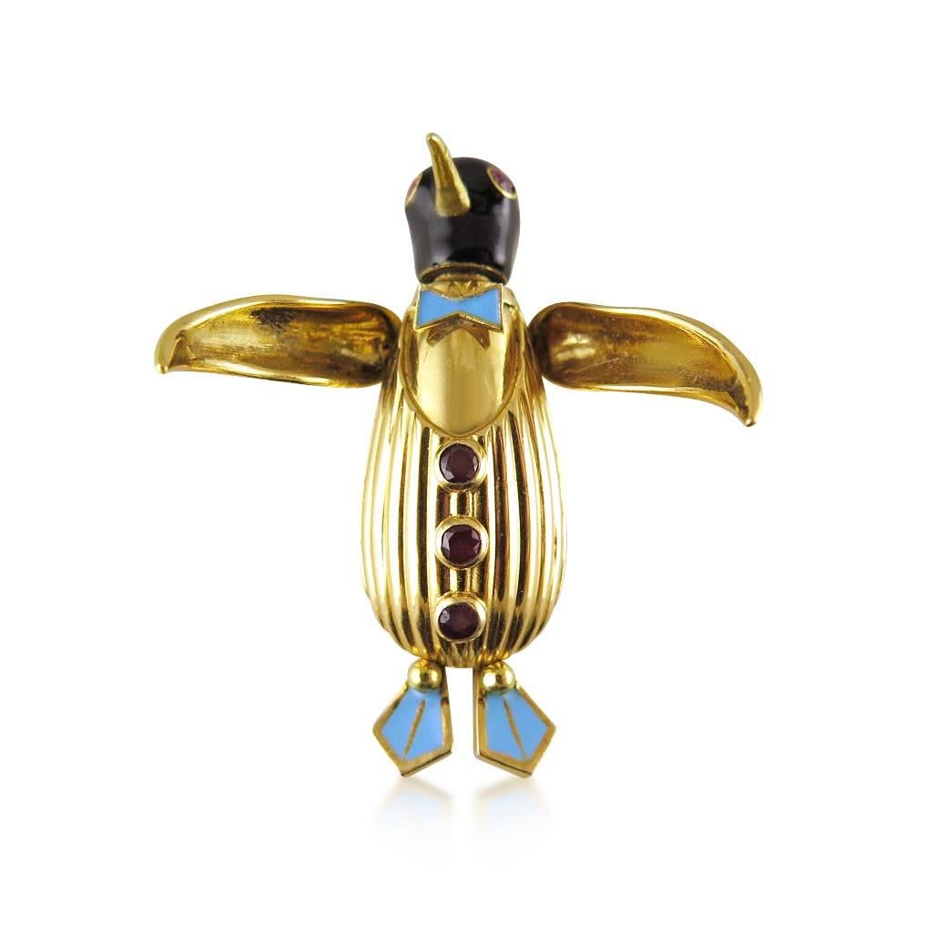 Retro Ruby Enamel Gold Penguin Clip Brooch For Sale