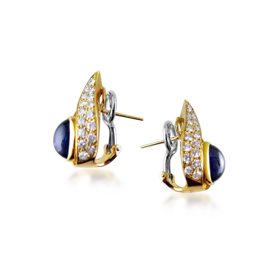 Modern Cartier Cabochon Sapphire Diamond Gold Earrings