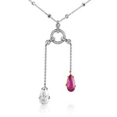 Burmese Ruby and Diamond Two-Stone Lavaliere Necklace
