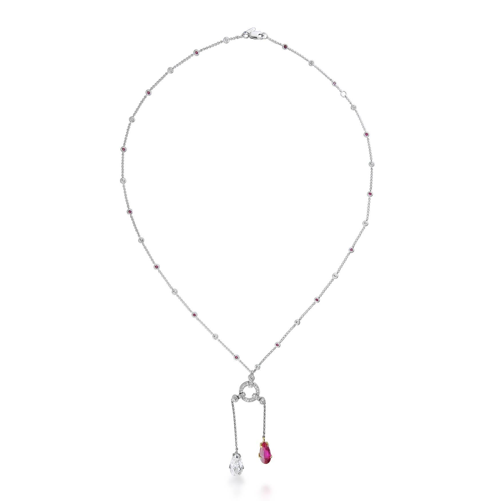 Art Deco Burmese Ruby and Diamond Two-Stone Lavaliere Necklace