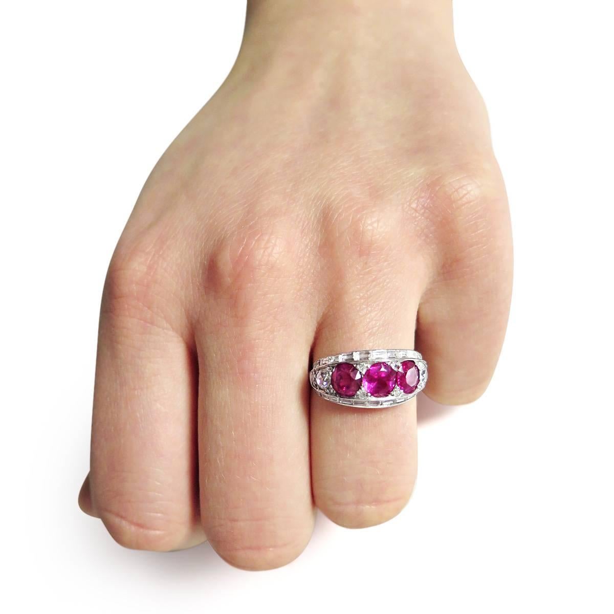 Baguette Cut Art Deco Ruby Diamond and Platinum Cocktail Ring For Sale