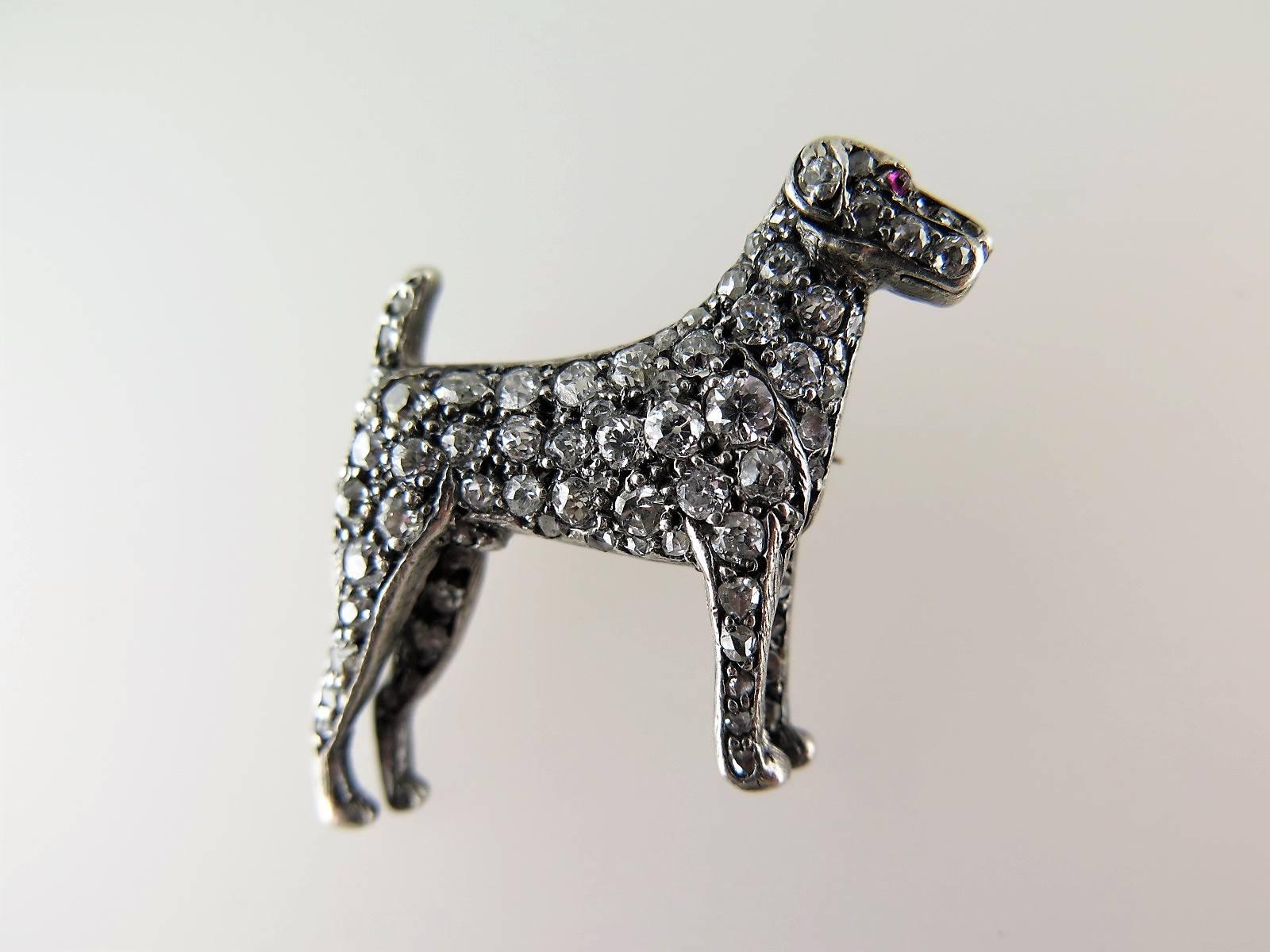 Edwardian Diamond Silver Gold Terrier Brooch 1
