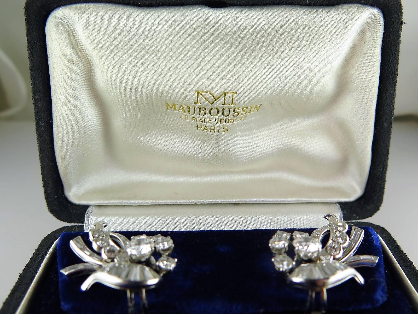 Retro 1950s Mauboussin Paris Diamond Floral Earclips For Sale