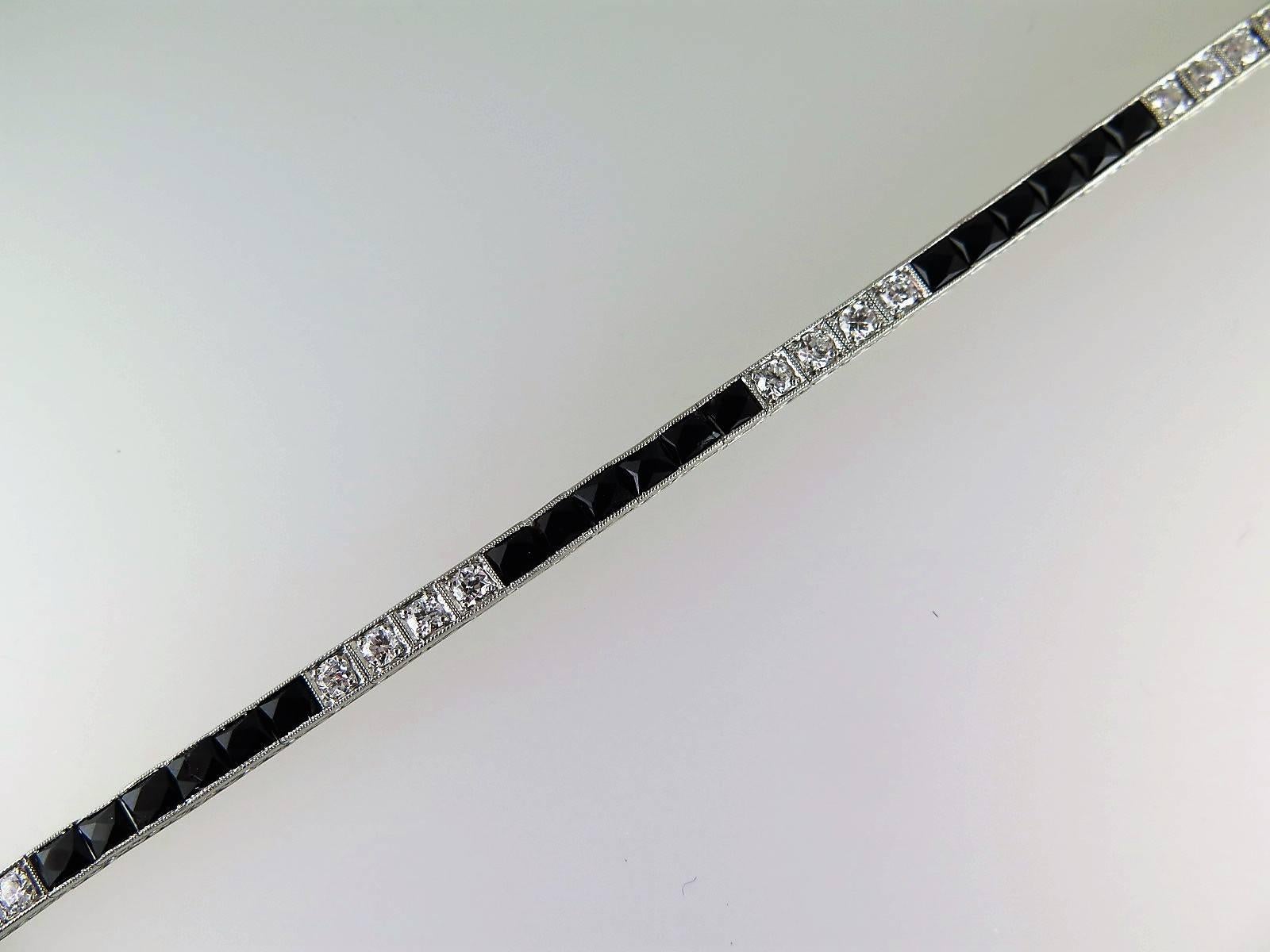 Art Deco Onyx Diamond Platinum Line Bracelet In Excellent Condition In London, GB