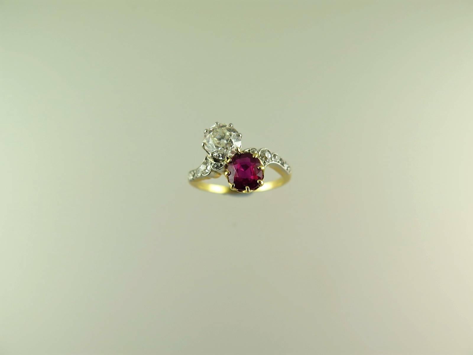Women's or Men's Fine Antique Burmese Ruby and Diamond Crossover Ring