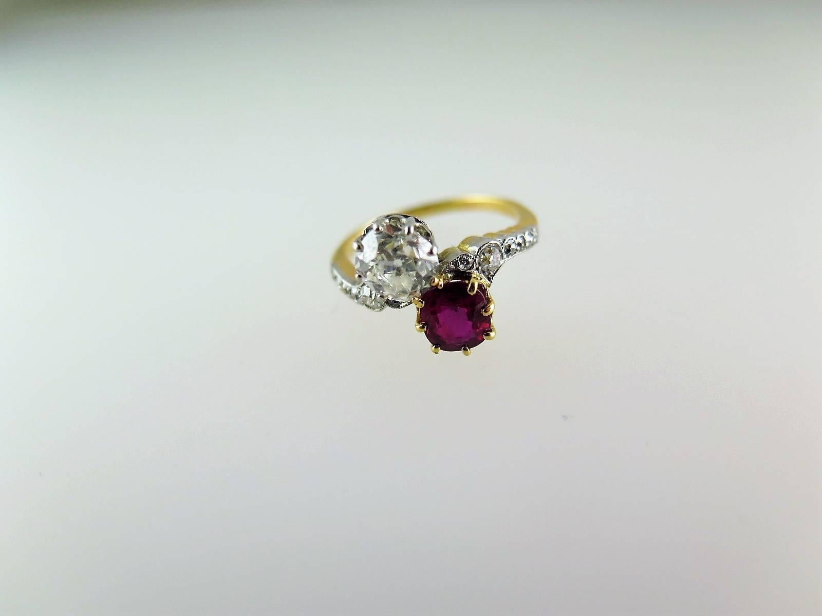 Fine Antique Burmese Ruby and Diamond Crossover Ring 1