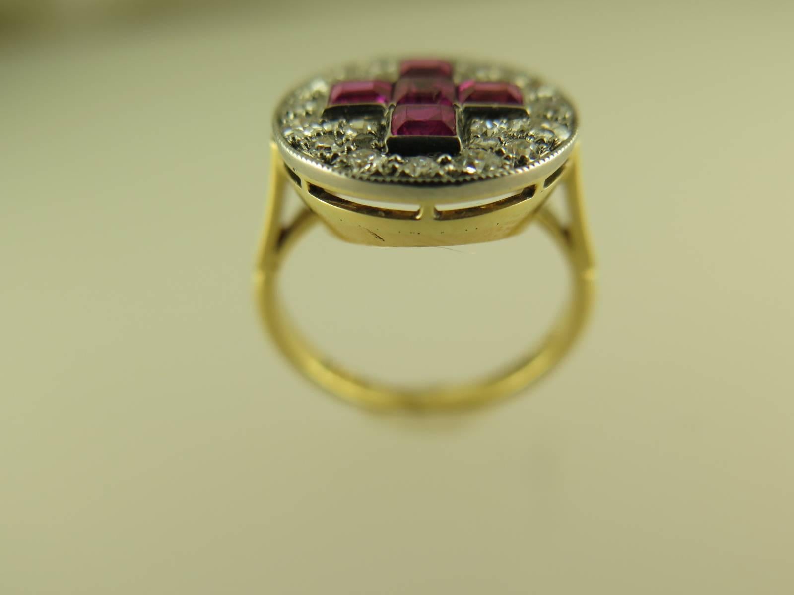 Edwardian Antique Ruby and Diamond Cross Panel Ring For Sale