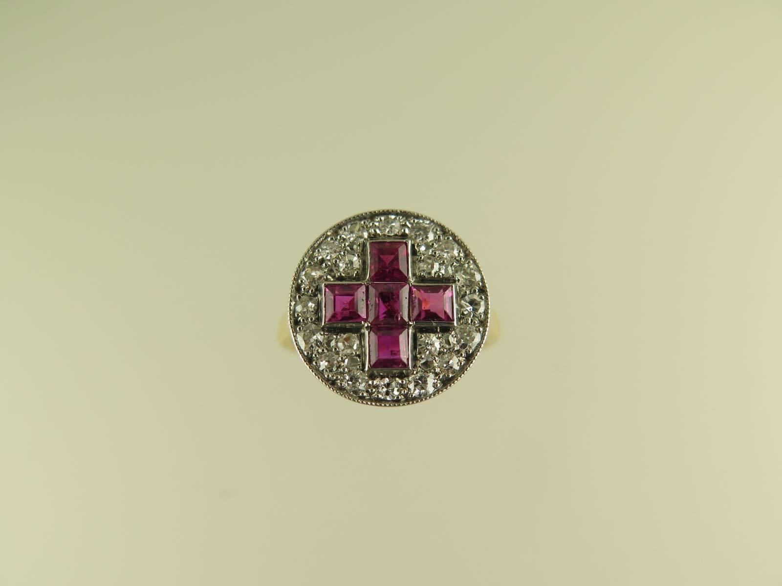Antique Ruby and Diamond Cross Panel Ring In Excellent Condition For Sale In London, GB