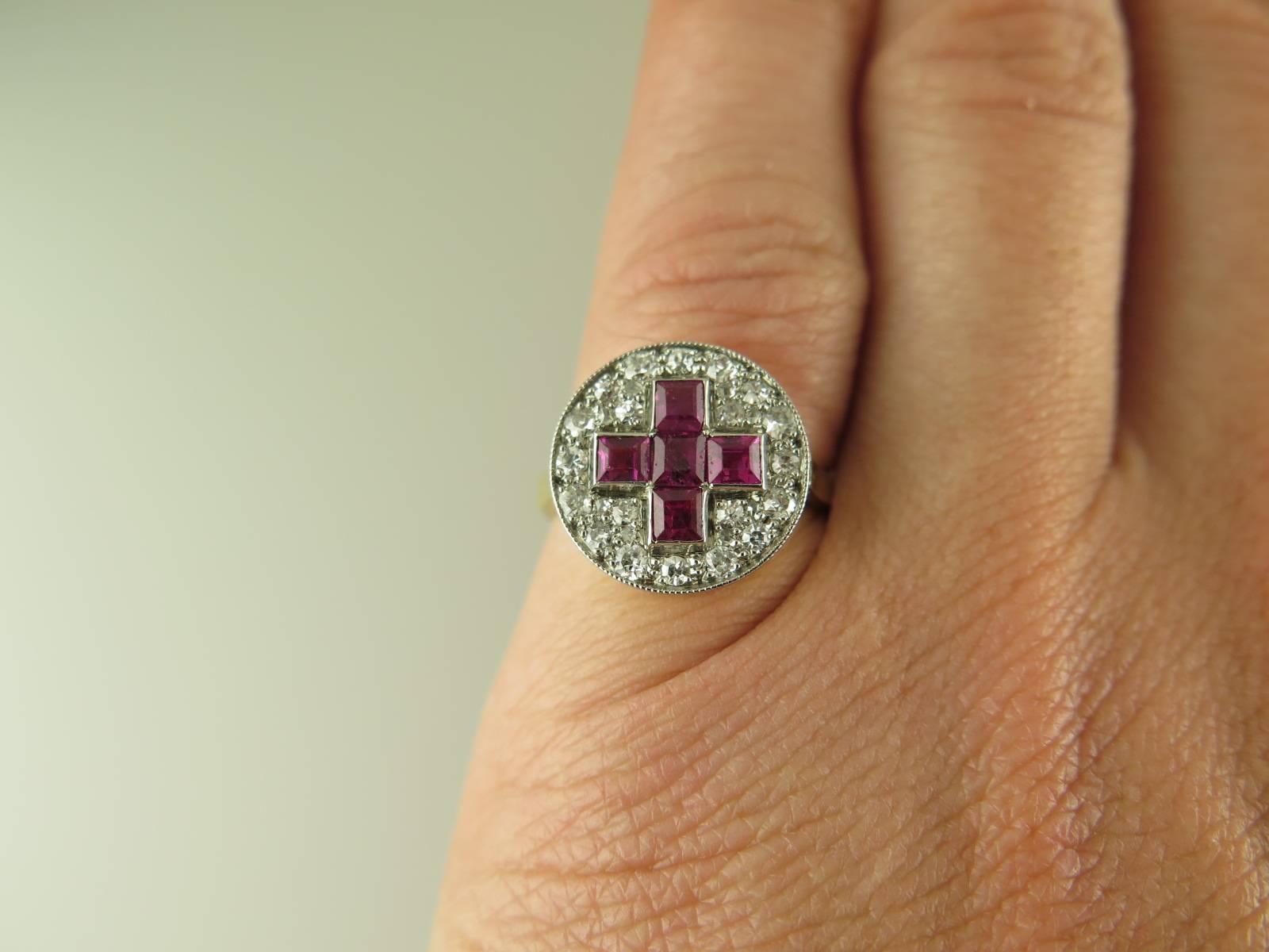 Women's or Men's Antique Ruby and Diamond Cross Panel Ring For Sale