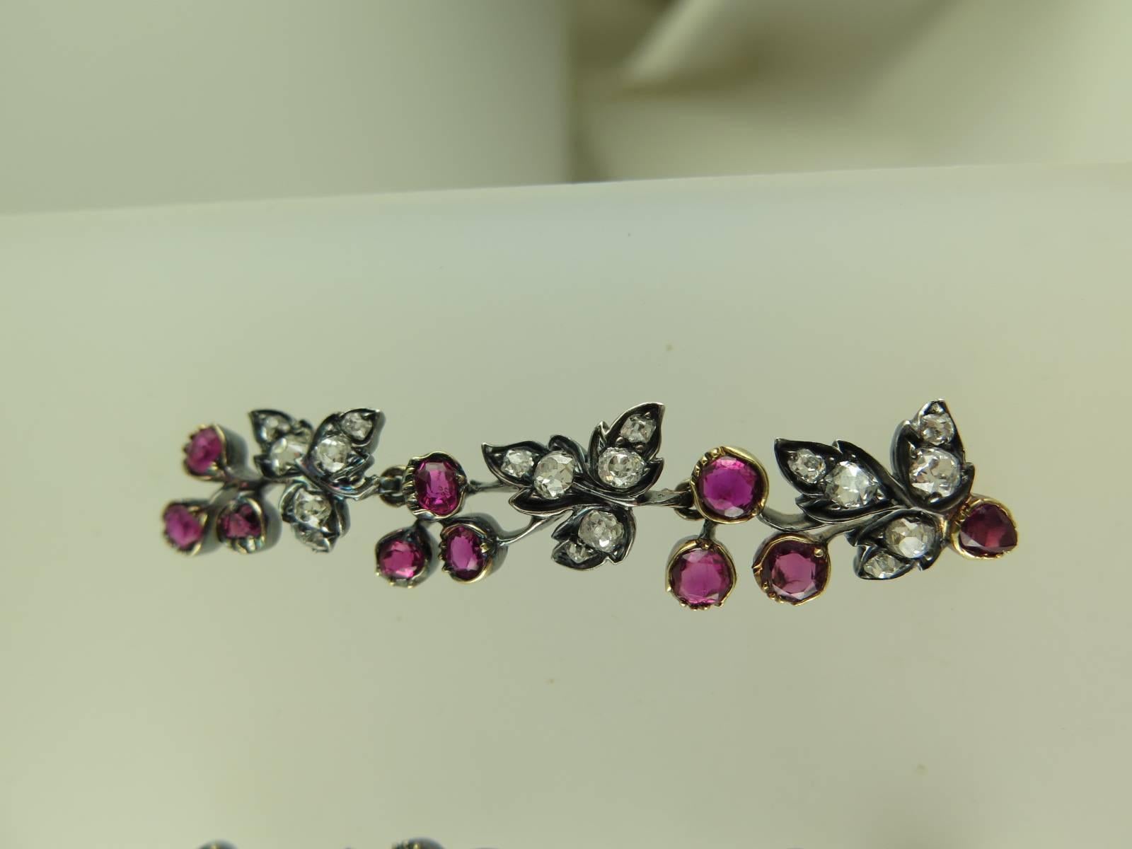 Victorian Pair of Antique Ruby and Diamond Vine Earrings