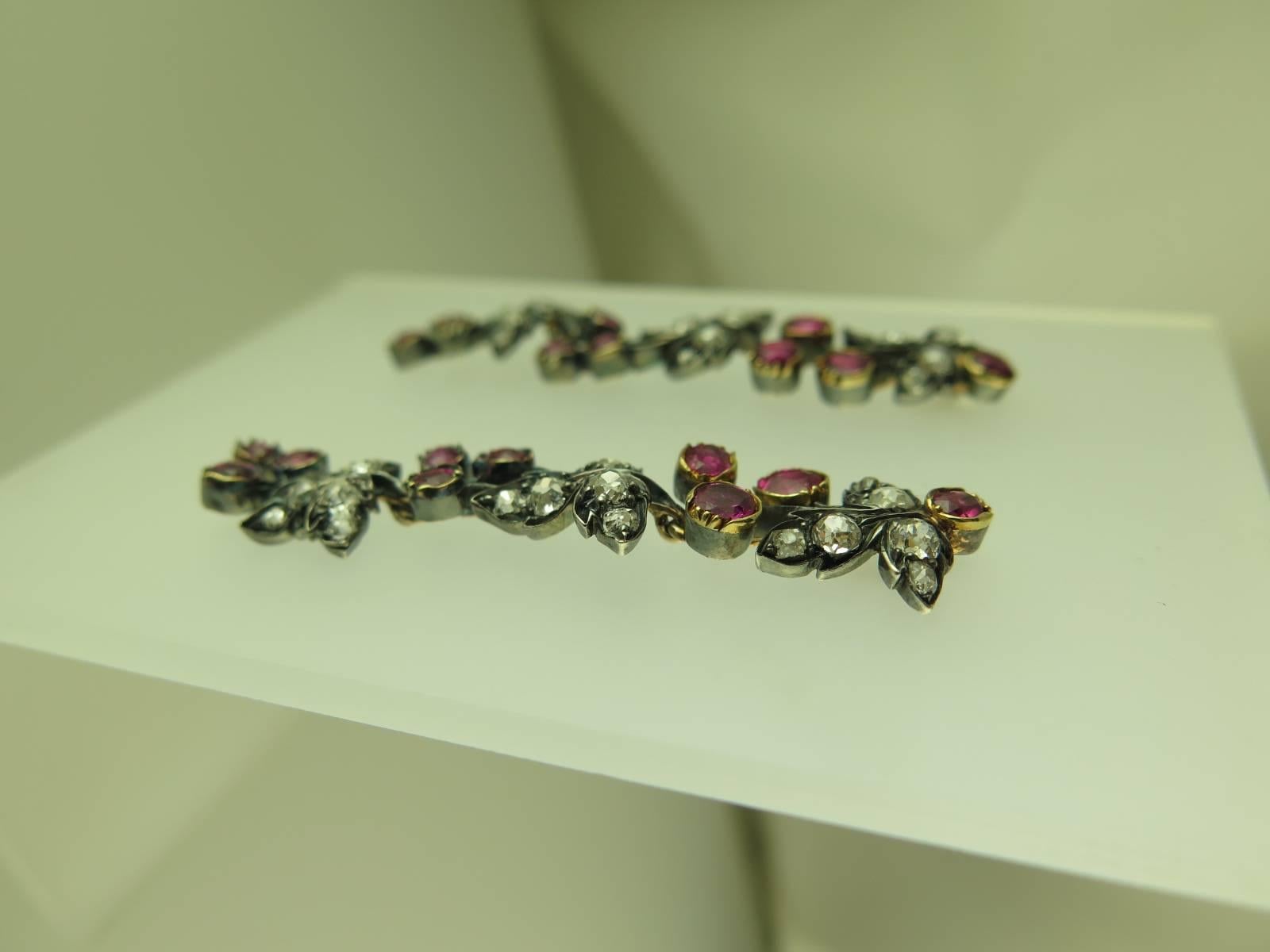 Women's or Men's Pair of Antique Ruby and Diamond Vine Earrings