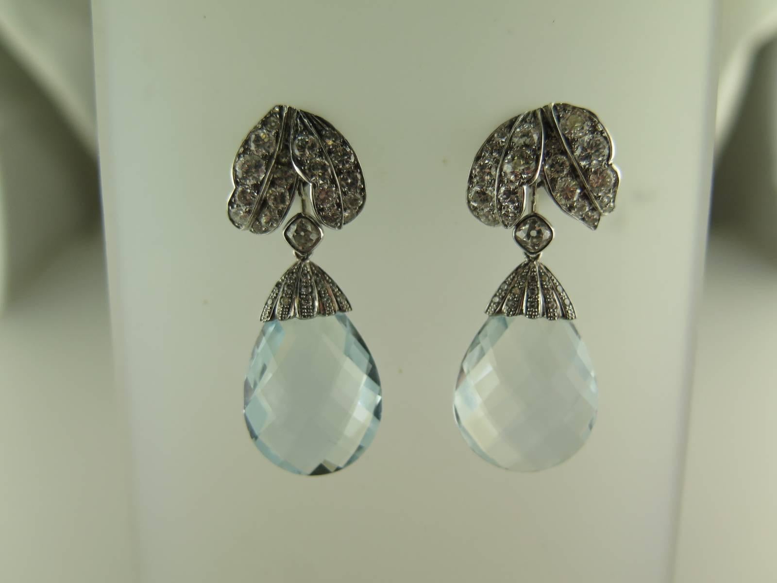 Pair of Briolette Aquamarine and Diamond Earrings For Sale 5