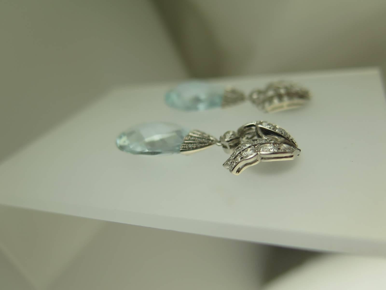 Modern Pair of Briolette Aquamarine and Diamond Earrings For Sale