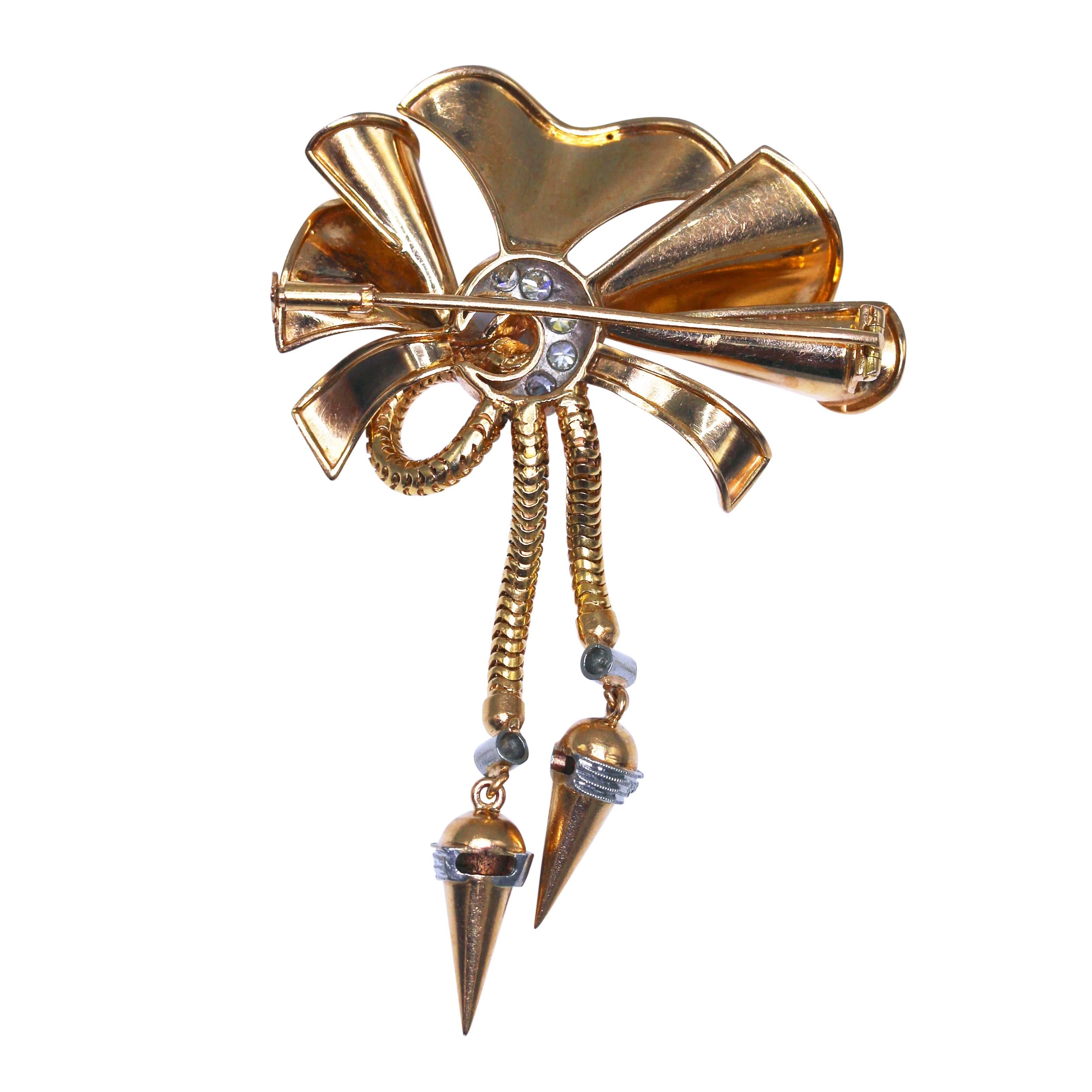Retro 1940s Diamond and Gold Bow Brooch