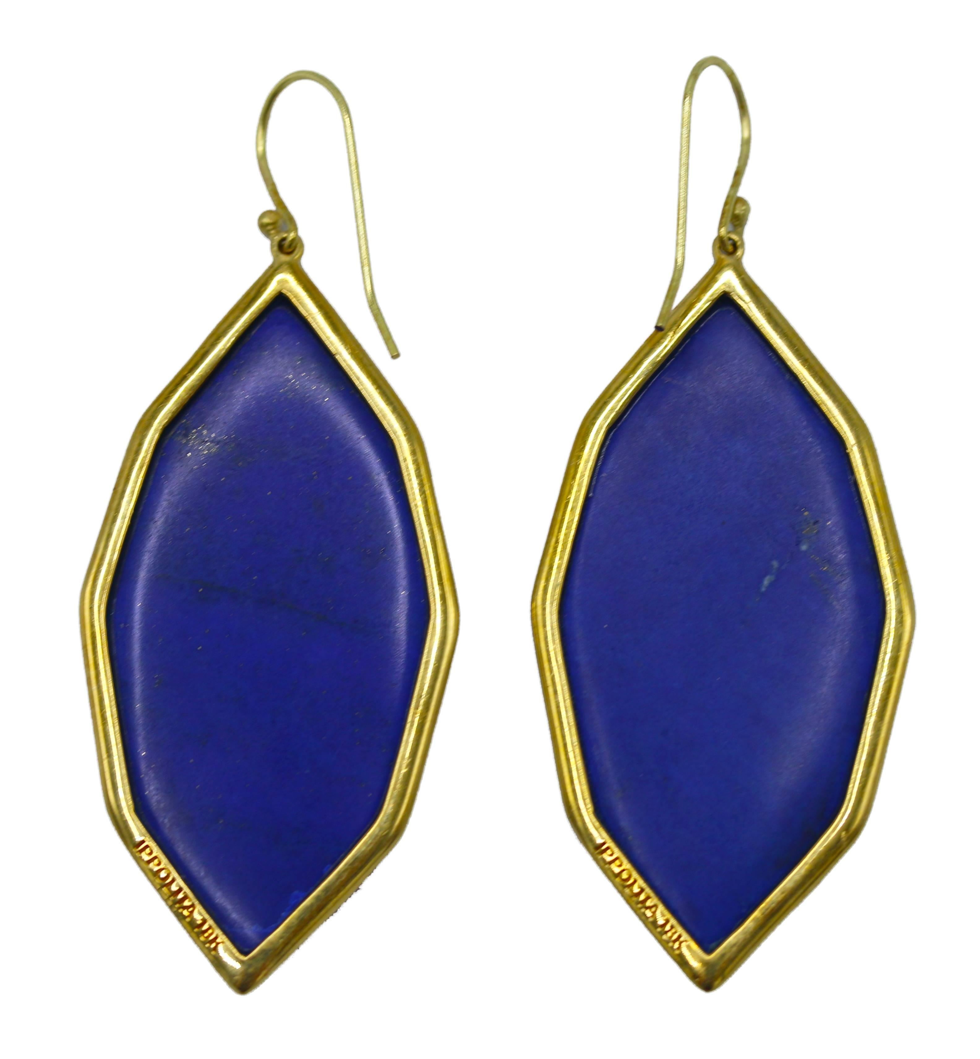 Pair of 18 karat yellow gold, lapis lazuli and diamond pendant earrings by Ippolita, the chic pendants set with geometric style carved lapis lazuli sections, all framed by round diamonds weighing 1.92 carats, measuring 2 1/2 by 1 inches, signed