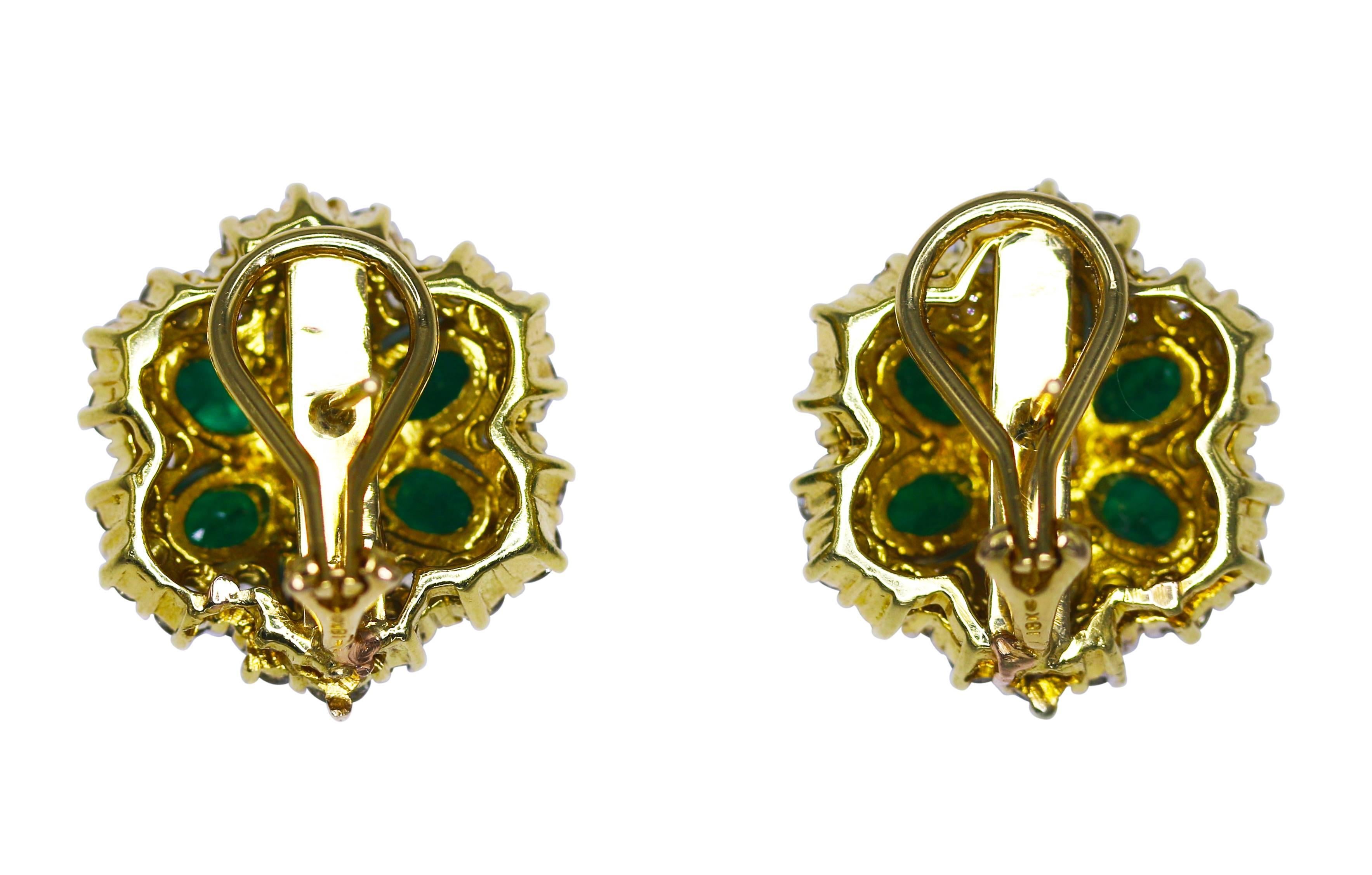 Oval Cut Emerald and Diamond Floral Earclips