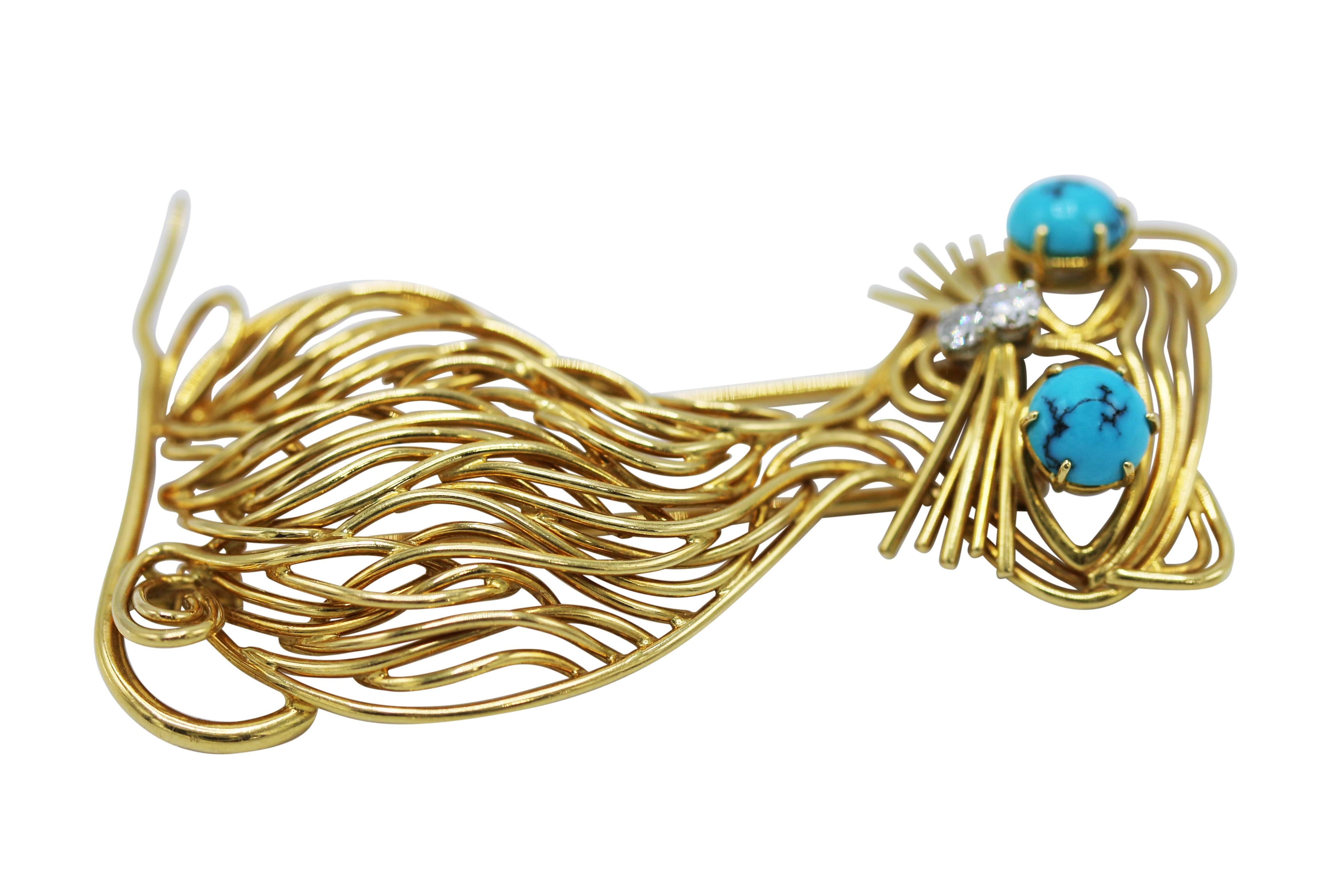 18 karat yellow gold, turquoise and diamond cat brooch, circa 1960, designed as a whimsical cat composed of polished gold tendrils, eyes set with cabochon turquoise and diamond set nose, diamond weight 0.10 carat, gross weight 23.4 grams, measuring