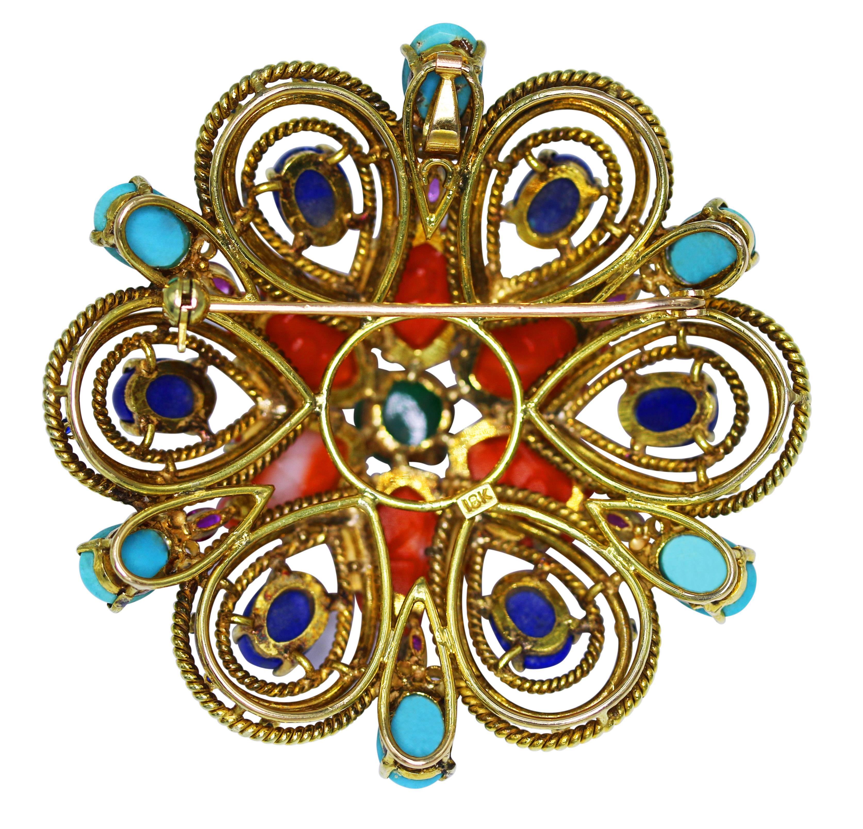 Round Cut 1970s Colored Stone, Diamond and Gold Pendant or Brooch
