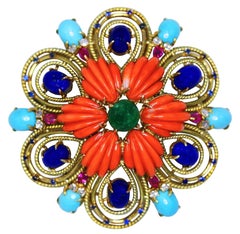 1970s Colored Stone, Diamond and Gold Pendant or Brooch