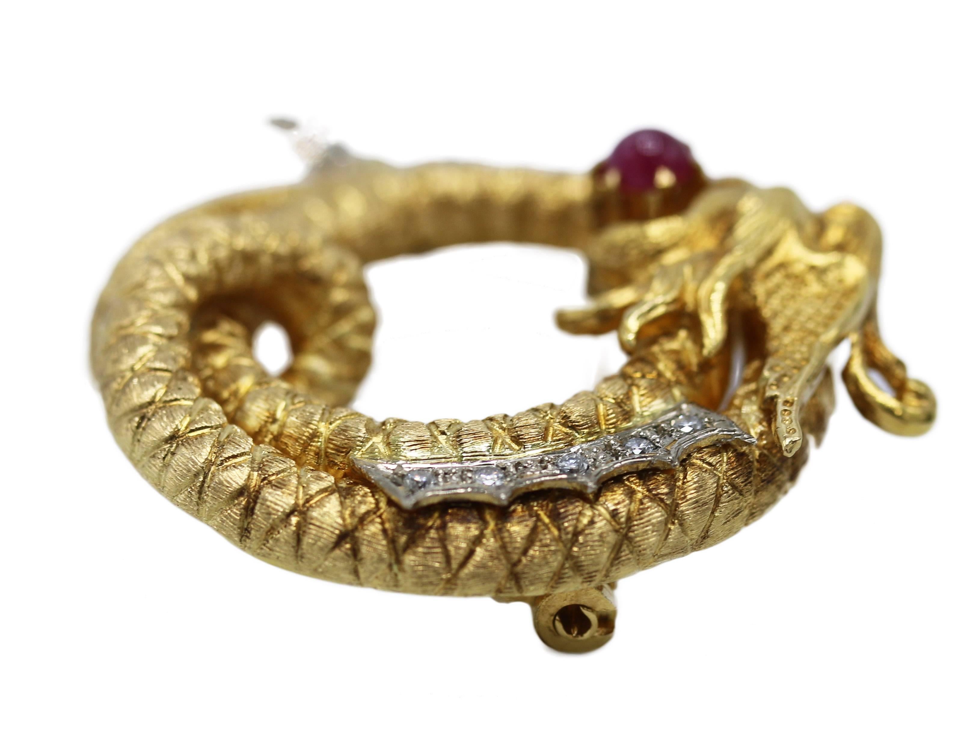 Round Cut Lalaounis Diamond, Ruby and Gold Dragon Brooch