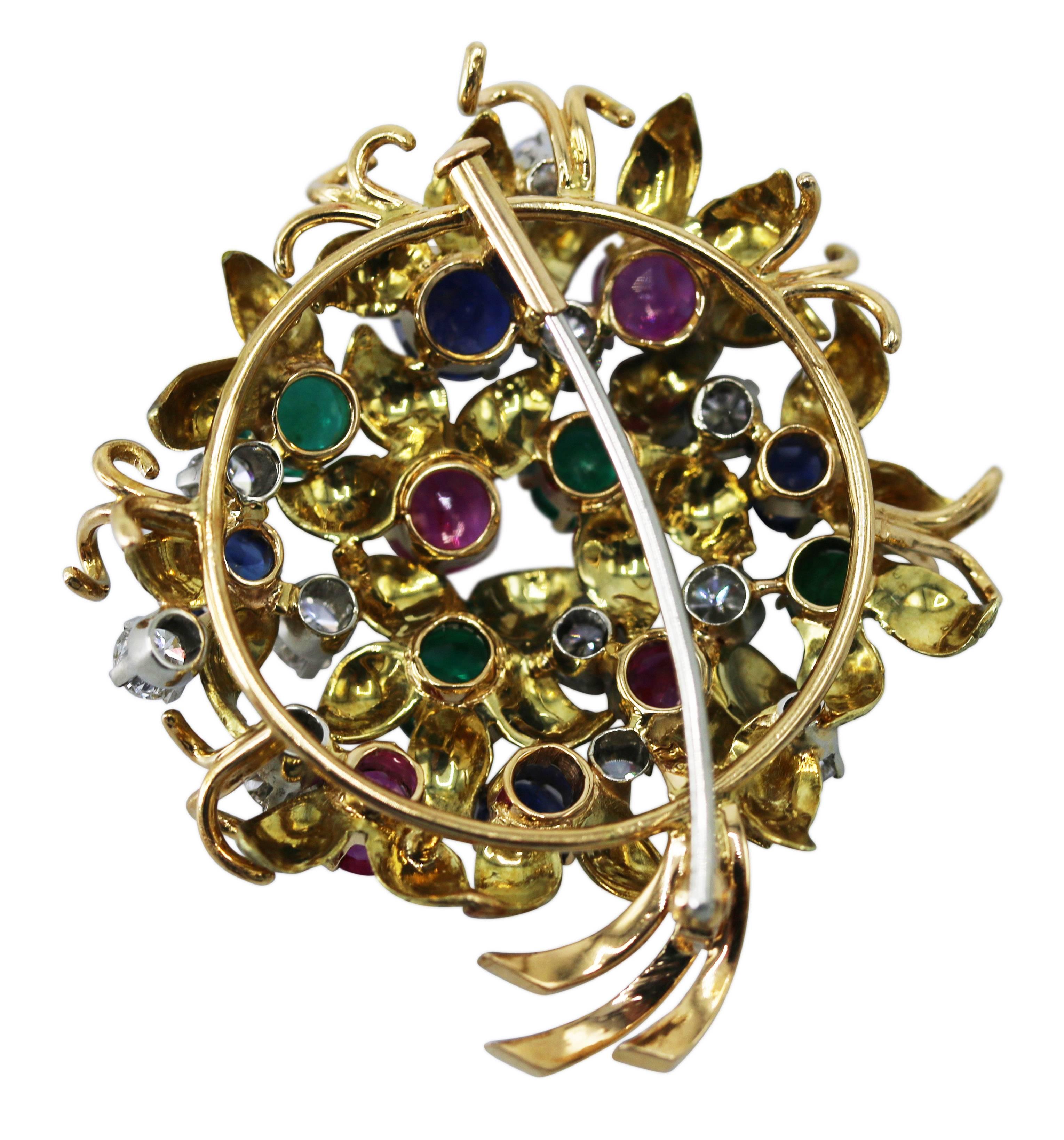 Round Cut Sapphire, Emerald, Ruby and Diamond Bouquet Brooch