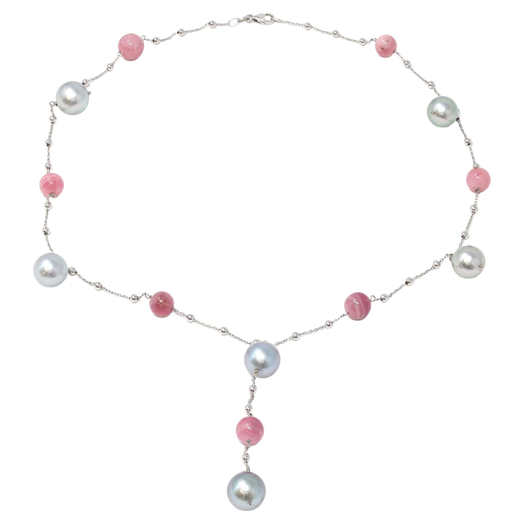Rosaria Varra Tahitian Pearl and Pink Tourmaline Bead Station Necklace in 18k For Sale