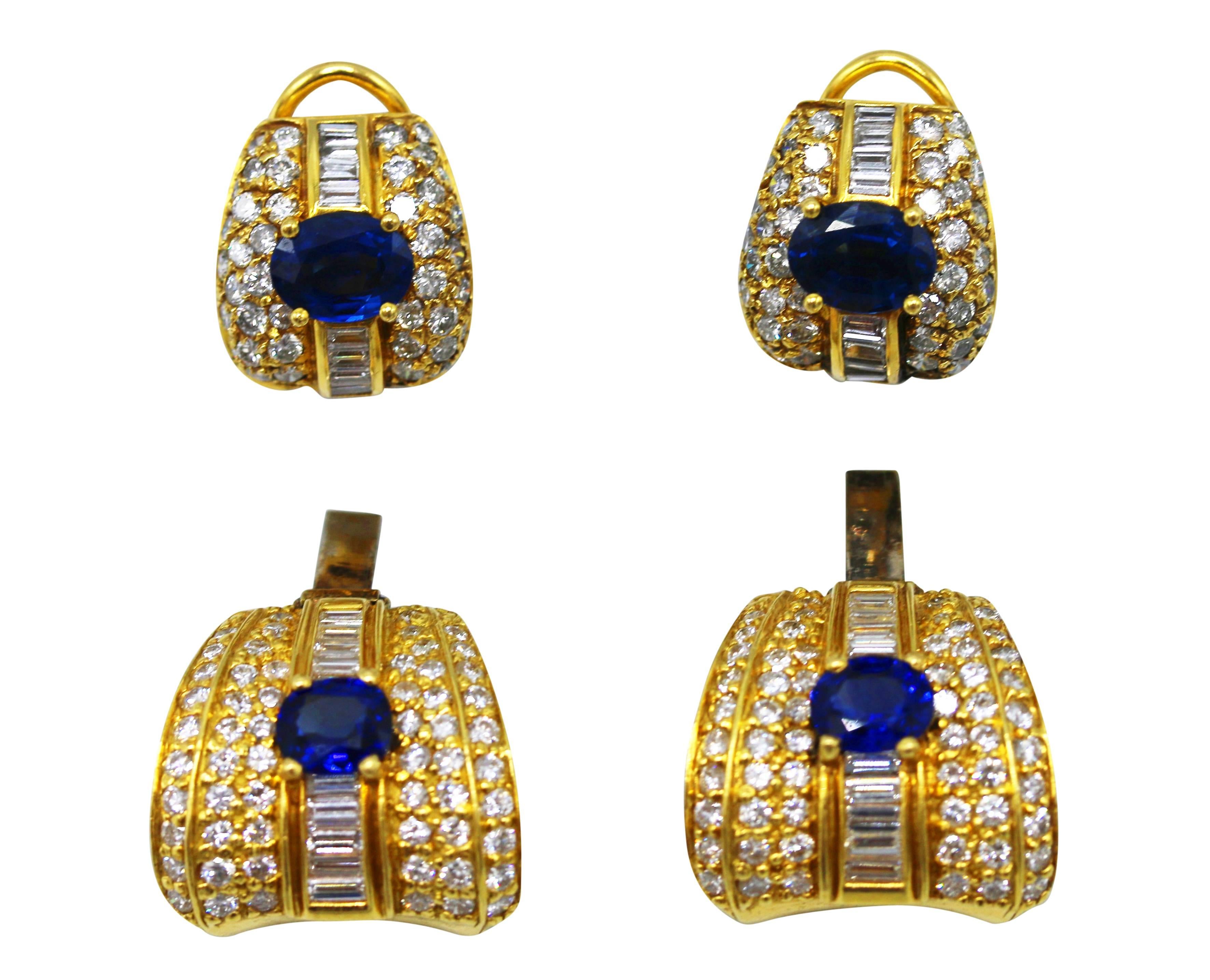 Pair of 18 karat yellow gold, sapphire and diamond earclips, the tops and pendants of tapered rectangular design set with 4 oval sapphires weighing approximately 4.90 carats, accented by baguette and round diamonds weighing approximately 5.10