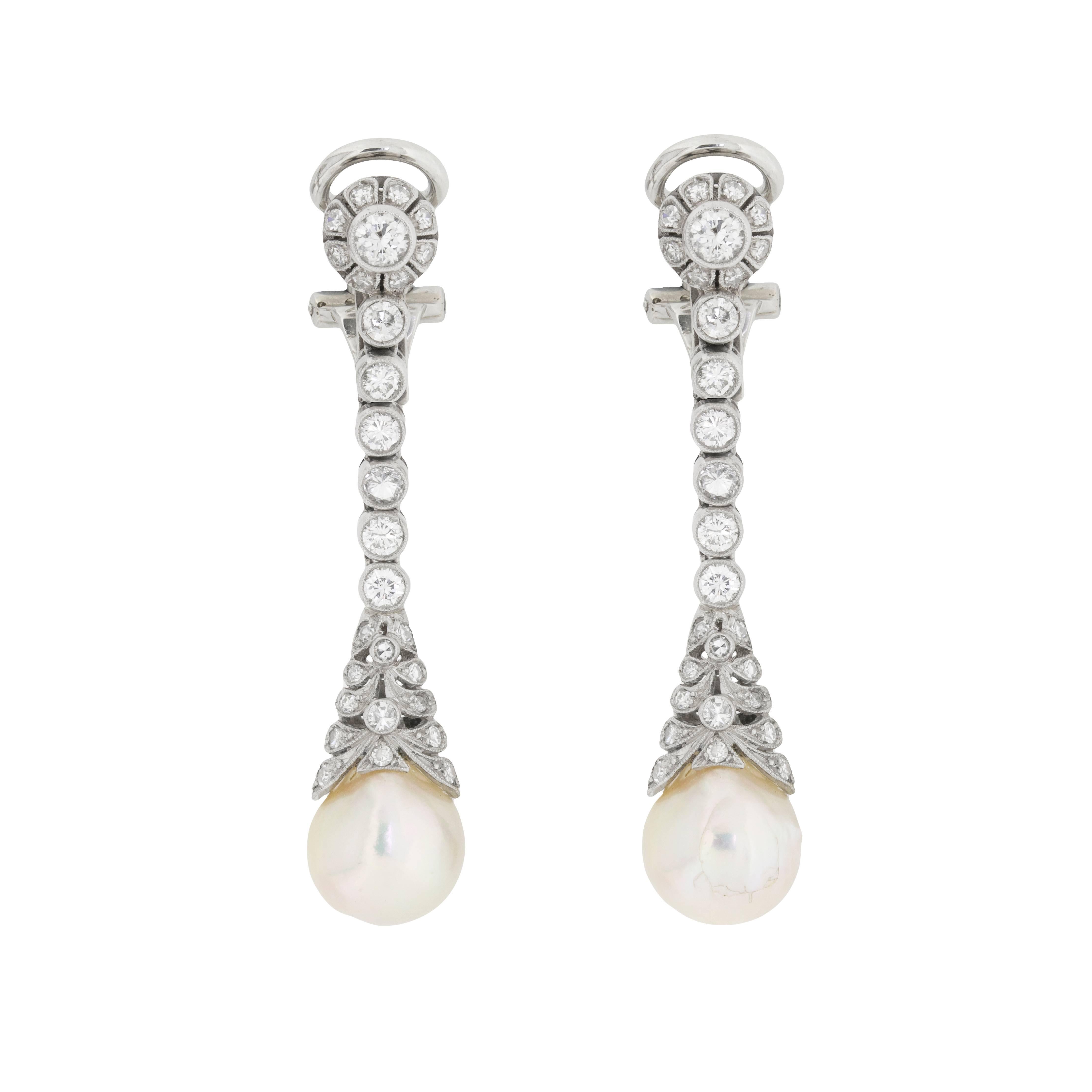 Late Deco Diamond and Pearl Drop Earrings, circa 1930s