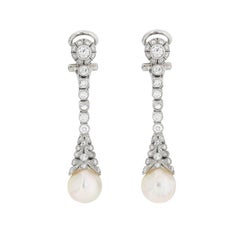 Late Deco Diamond and Pearl Drop Earrings, circa 1930s