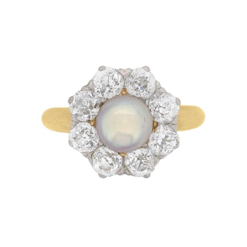 Late Victorian Natural Pearl and Diamond Cluster Ring, circa 1910