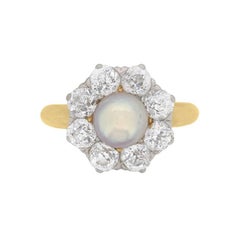 Antique Late Victorian Natural Pearl and Diamond Cluster Ring, circa 1910