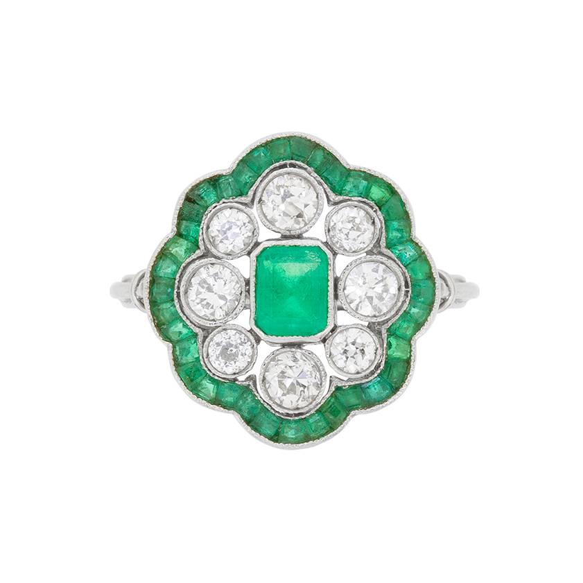 Art Deco Emerald and Diamond Cluster Ring, circa 1920s