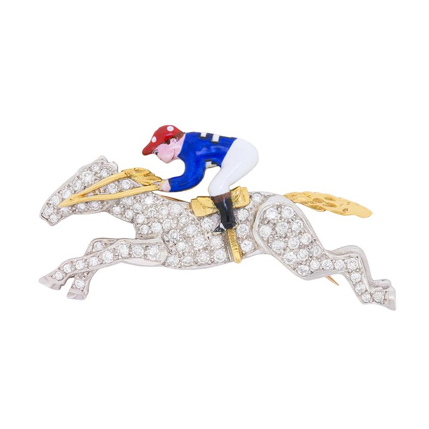 Broche vintage cheval en diamant avec cheval Jockey, années 1950 environ