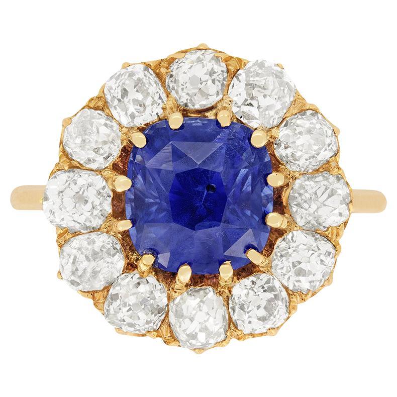 Victorian 3.55ct Sapphire and Diamond Halo Ring, c.1900s For Sale