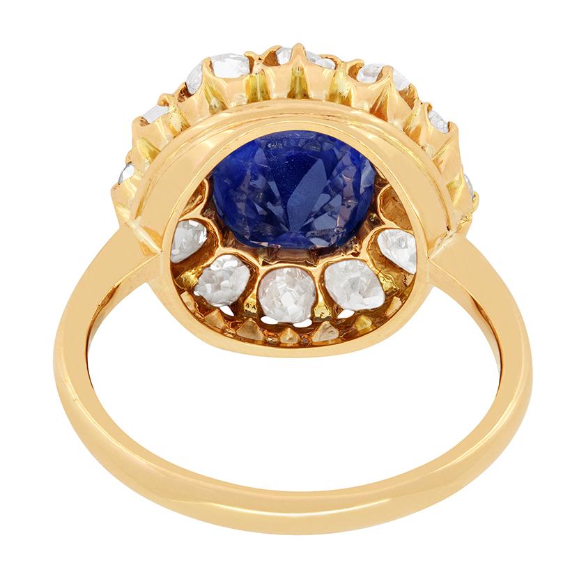 Antique Cushion Cut Victorian 3.55ct Sapphire and Diamond Halo Ring, c.1900s For Sale