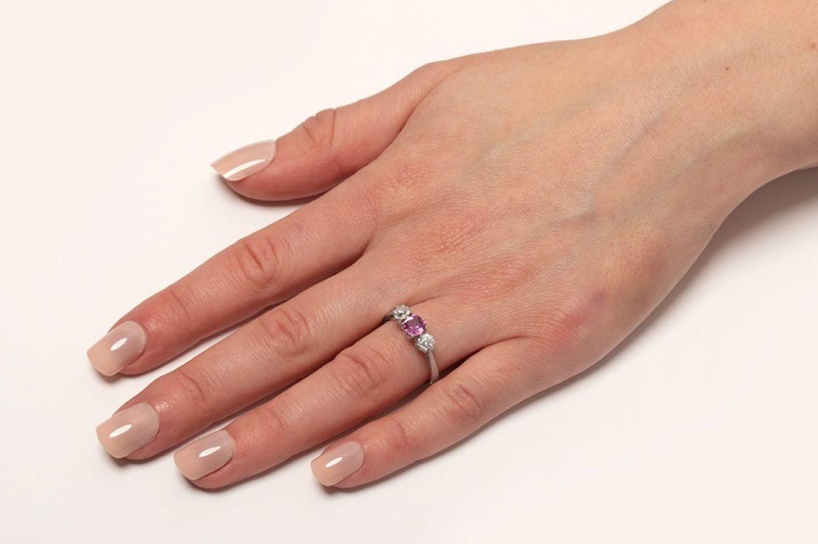 Art Deco Pink Sapphire and Diamond Three Stone Ring, circa 1920s For Sale 1