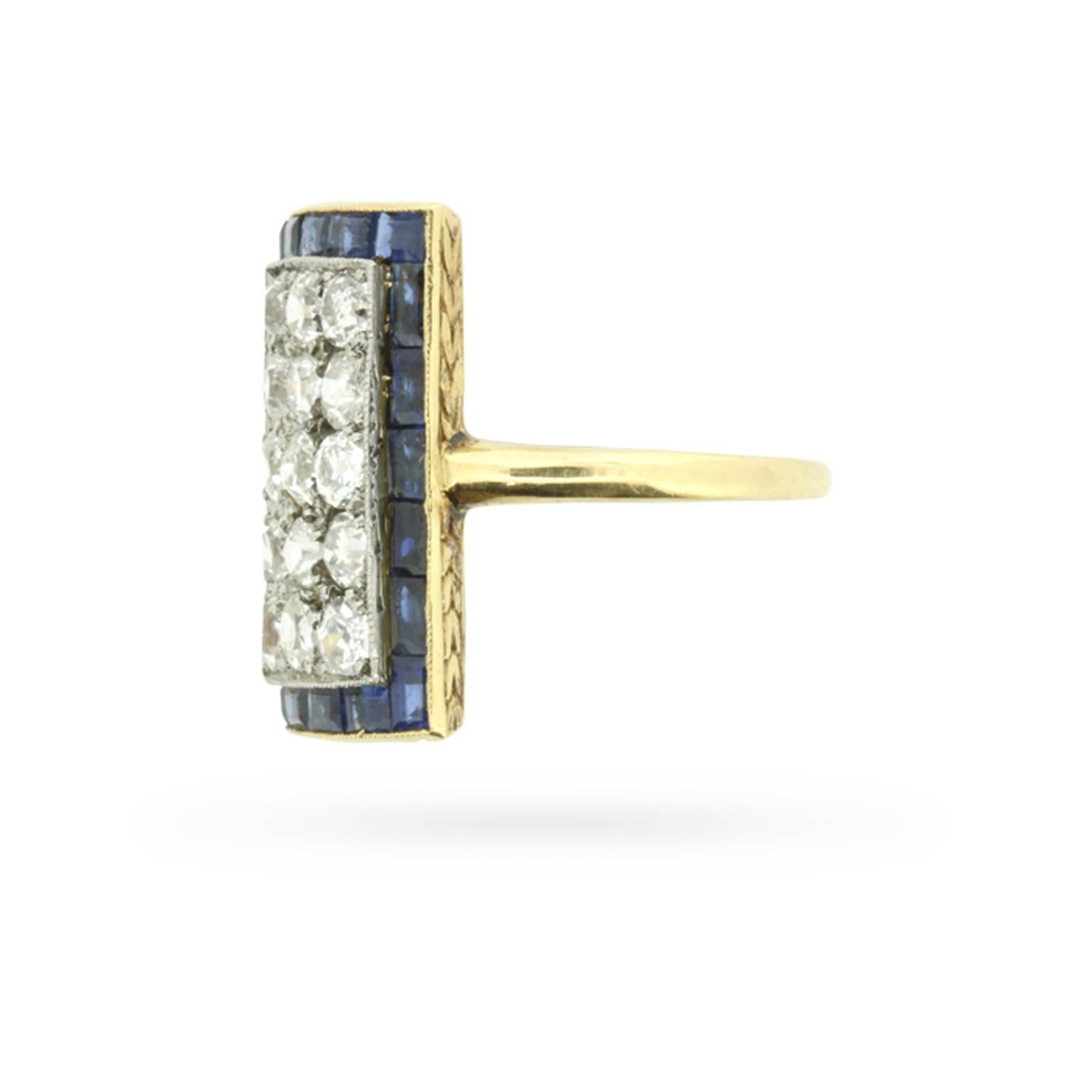 Baguette Cut Edwardian Diamond and Sapphire Cluster Ring, circa 1900s