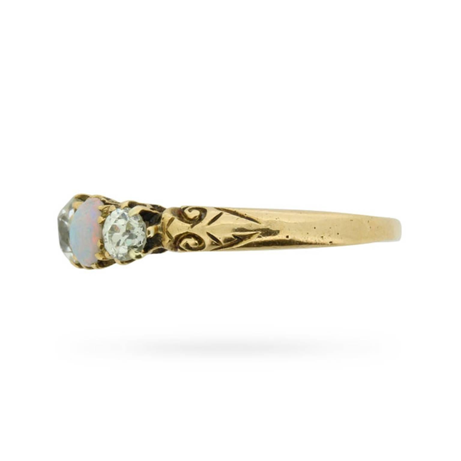 Edwardian Antique Five-Stone Old Cut Diamond and Opal Ring, circa 1910s