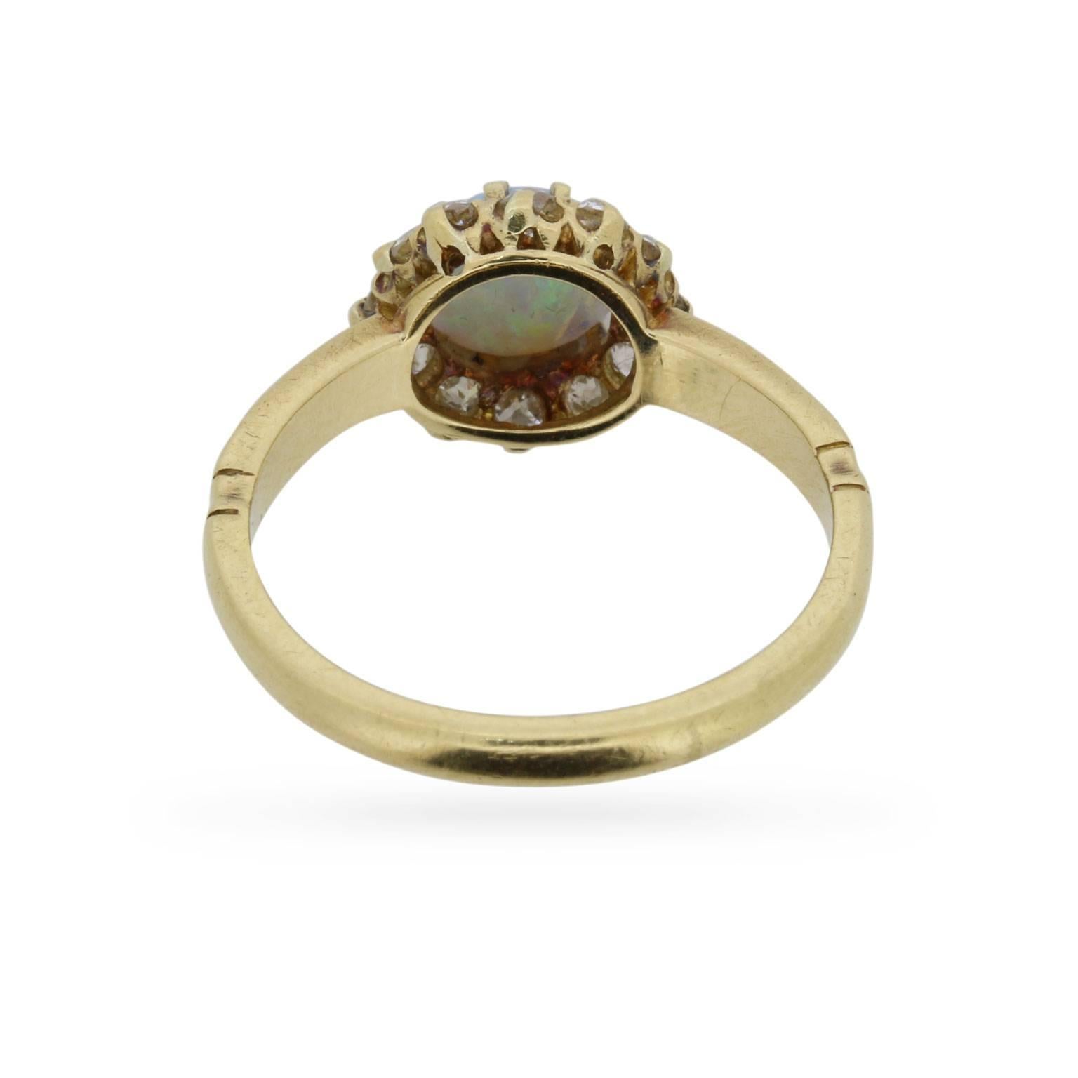 Women's or Men's Victorian Opal and Old Cut Diamond Yellow Gold Cluster Ring, circa 1880s