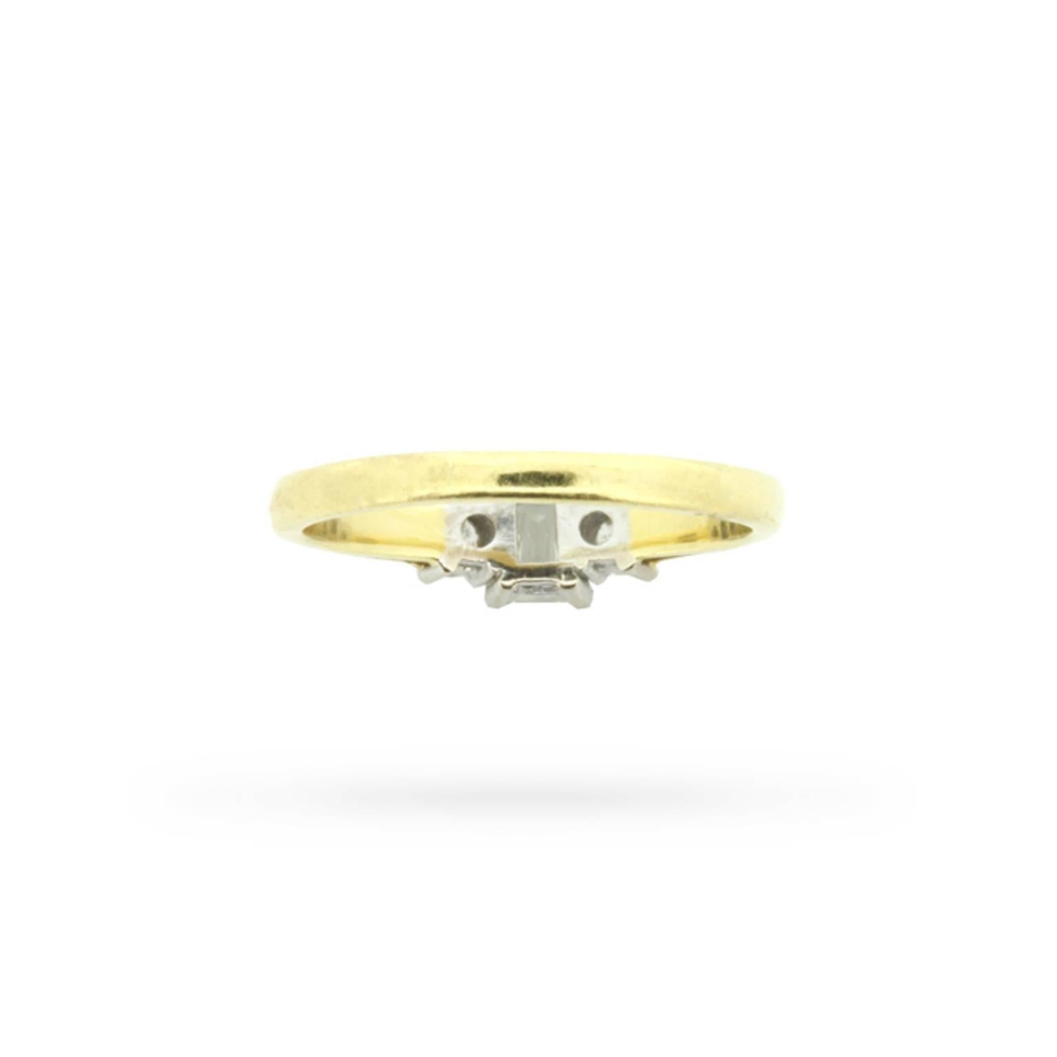 Emerald Cut Vintage Emerald and Round Brilliant Cut Three-Stone Diamond Engagement Ring