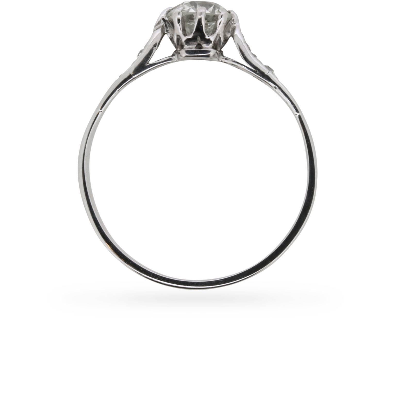 A stunning single diamond solitaire ring, with full EDR certification. The centre stone has been graded as a colour I and clarity SI2, and sits beautifully within the mount. The ring dates back to the 1920s and weighs 0.73 carat. The mount and band